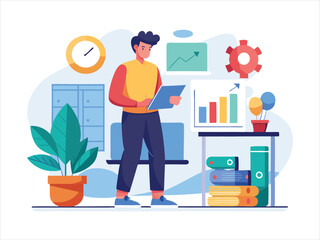 Business professional analyzing data and charts in a modern office environment.