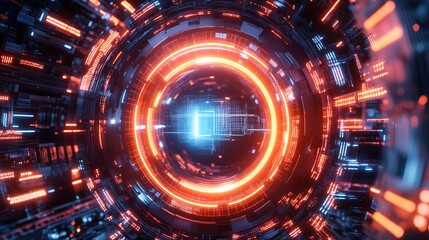 Obraz premium Futuristic virtual reality device surrounded by glowing neon lights against a digital background