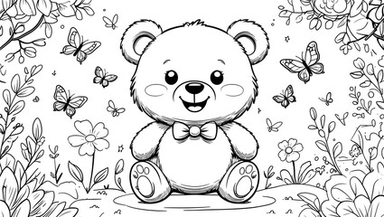 Adorable Cartoon Teddy Bear Coloring Page - Kawaii Nursery Art in Black & White Line Style