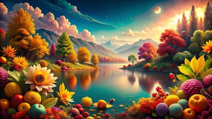 Naklejka premium Autumn Landscape with Lake and Colorful Foliage