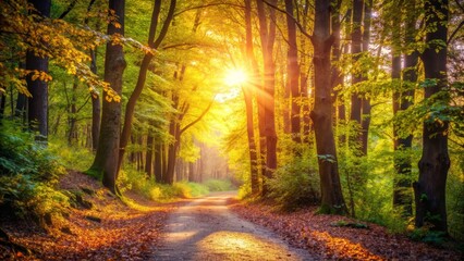 Obraz premium Sunlit Path Through a Lush Forest