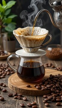 step-by-step pour-over coffee brewing with dripper, glass carafe, and fresh beans
