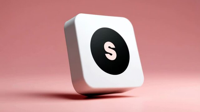 A white, rounded square button with a black circular inset displaying a white lowercase letter "s".