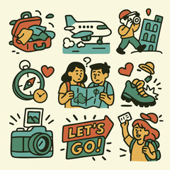 Traveling is exciting adventure filled with exploration and discovery. This illustration captures essence of travel with elements like suitcase, airplane, camera, and compass, evoking sense