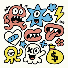 Cute and colorful cartoon characters including monsters, stars, and expressive mouths create playful and whimsical design. This vibrant illustration evokes joy and creativity