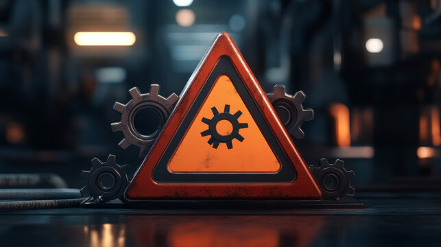 A 3D triangle warning sign paired with gear icons represents caution in risk analysis, process adjustments, and problem-solving