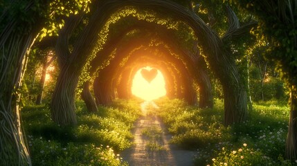 Obraz premium Heart-Shaped Sunlight Path in a Forest