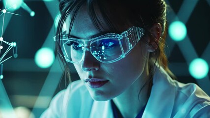Focused scientist examines data processing and chemical formulas illuminated by blue light in laboratory setting, data processing and chemical formula over caucasian female scientist with beaker - Powered by Adobe