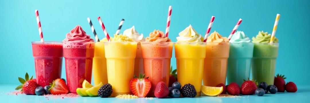 Colorful array of delicious frozen slush drinks on blue backdrop, sweet, iced, chilled