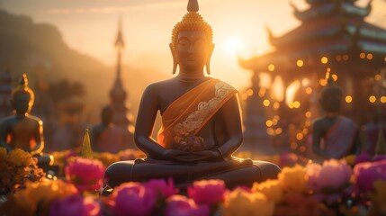 Buddha Statue at Sunrise in Temple