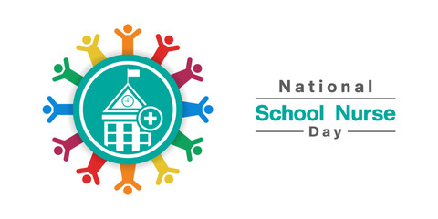 May 7th is National School Nurse Day. School, plus icon and people. Great for posters, banners, social media and more. White background.