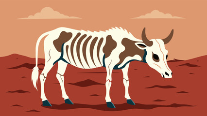 The exposed ribs of a cow skeleton protrude from the dry ground a stark indication of the severe lack of resources that have decimated the livestock in this area.. Vector illustration