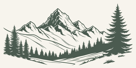 Majestic Mountain Landscape A Vintage Illustration of Peaks and Pine Trees