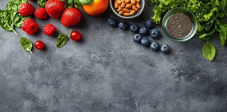 Colorful fresh fruits and vegetables arrangement
