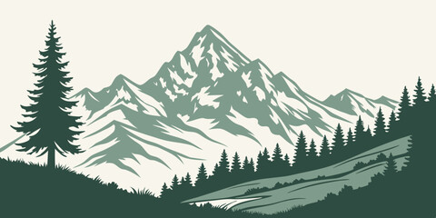 Fototapeta premium Majestic Mountain Range Illustration Serene Landscape with Pine Trees and Valley