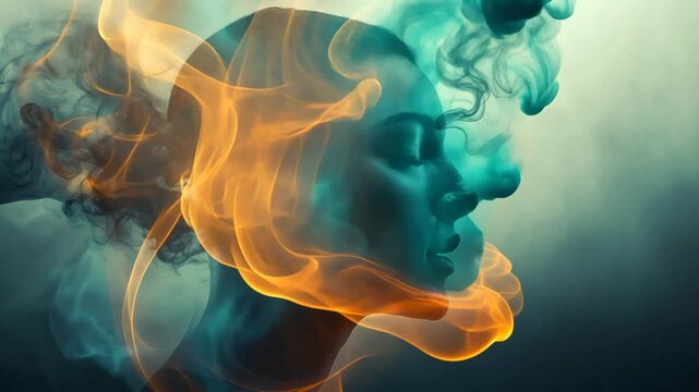 Serene face, fiery smoke, abstract art, dark background