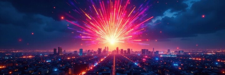 Vibrant colors exploding in a starburst shape above a cityscape at night, vibrant, fireworks, bright