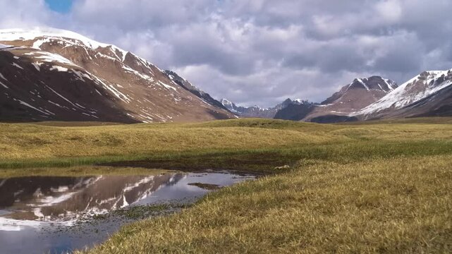 Footage showcases the Tien Shan Mountains with a valley reflecting the surrounding mountains and clouds in the Arabel Plateau of Kyrgyzstan.