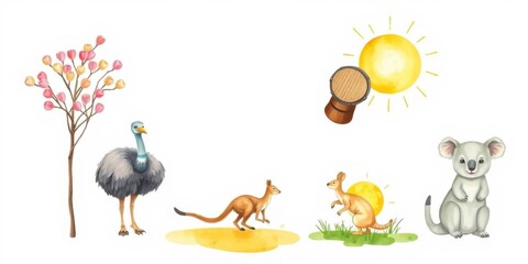 Fototapeta premium Aussie Animals Cute Koala Kangaroo Emu Sun Tree Illustration