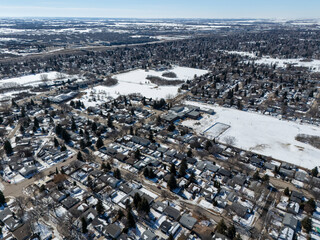 Snowy cityscape with houses and trees