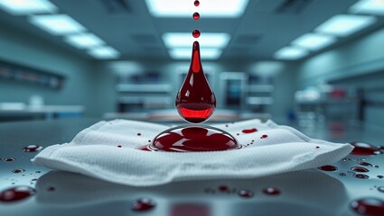 Red blood droplet on white paper towel in medical setting