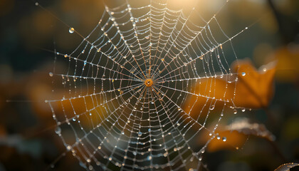 Obraz premium Dew-Kissed Spiderweb in Autumnal Backlight