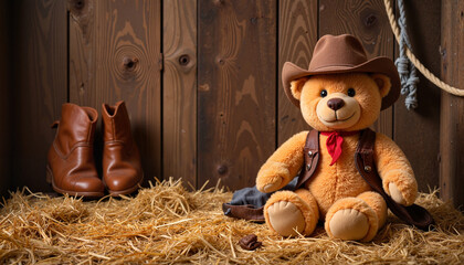 Cowboy teddy bear sitting on hay with rustic background
