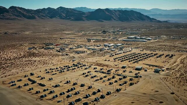 Deserted army camp with train tracks surrounded by mountains in a dry landscape, A close-up view over a deserted army camp and training facility in the middle of the desert