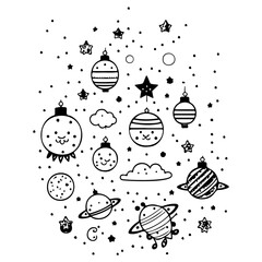 Whimsical Celestial Sphere Doodle Monochrome Art