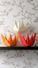 Origami Paper Flowers on Shelf, Red, Orange, White