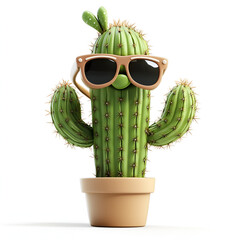 Cool Cactus in Sunglasses on White Background
