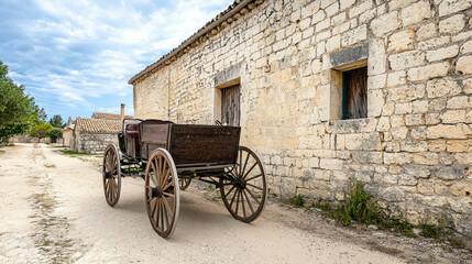 Obraz premium Rustic Horse-Drawn Cart Near Stone Wall in Quiet Village Setting Under Overcast Sky