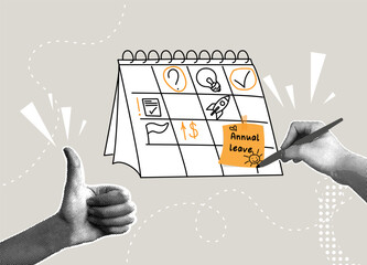 Trendy halftone collage. Planning annual vacation and tasks on calendar. Concept of taking a day off or vacation, schedule vacation reminder.