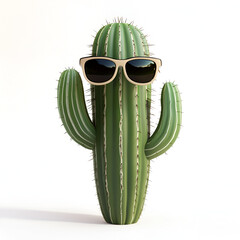Stylish Cactus with Sunglasses on White Background