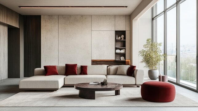 Minimalist living room interior with modern furniture, large windows, beige sofa with burgundy red accents, ideal for interior design mockup