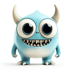Cute Blue Cartoon Monster with Big Eyes on White Background