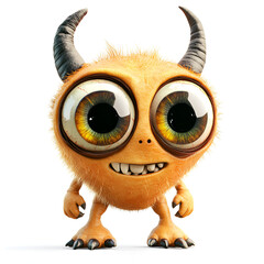 Funny Orange Cartoon Monster with Big Eyes and Horns on White Background