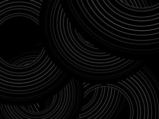 Black background with abstract design of black and white gradient circular stripes. The 3d circular pattern consists of repeating curved lines, creating a sense of movement and depth.