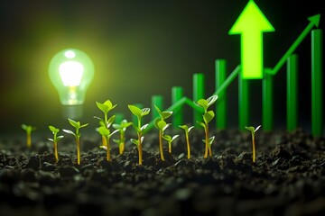 Young green sprouts in rich soil are illuminated by a glowing light bulb against a backdrop of rising green bar graphs and an upward arrow, symbolizing growth