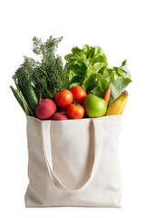 Fresh vegetables and fruits in a reusable bag ready for a healthy meal in the kitchen