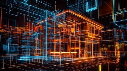 Abstract rendering of buildings with glowing wireframes on a black background, 3D style design