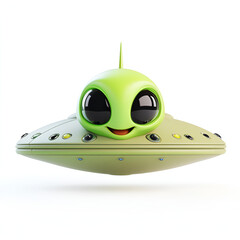 Cute Cartoon UFO with Smiling Face Isolated on White Background

