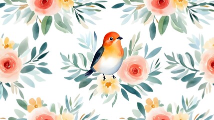 Watercolor Floral Seamless Pattern with Bird