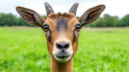 Fototapeta premium Close-up Portrait of Goat with Prominent Ears in a Green Rural Landscape Background