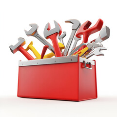 Cartoon Wooden Toolbox Filled with Colorful Hand Tools Isolated on White Background

