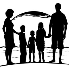 A silhouette of a family standing on a beach, watching the sunset. The family should consist of four figures, representing parents and two children, all standing side by side, facing towards the horiz
