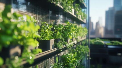 A vertical urban farm on a city rooftop, green plants growing in hydroponic trays