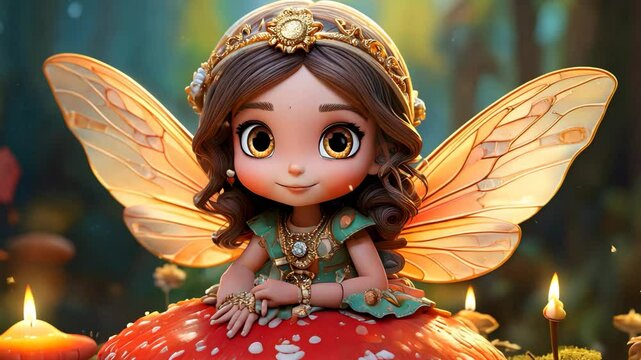 Charming Fairy Sitting on Mushroom with Golden Wings and Forest Background