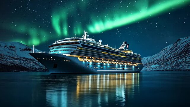 Majestic cruise ship glides through calm arctic waters beneath shimmering aurora borealis