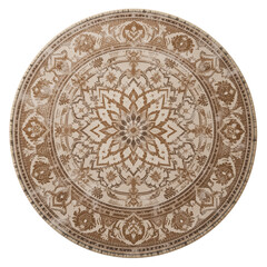 round area rug featuring intricate beige and brown floral patterns, adding elegance to any space. Its design enhances warmth